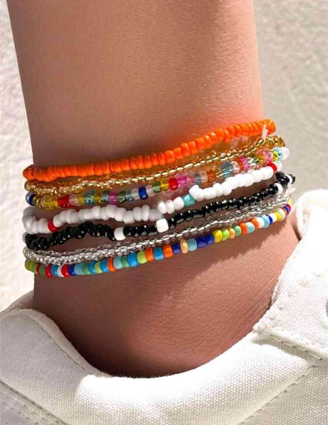 summer anklet, layered anklet, summer jewellery, cute anklets, quirky anklets, silver anklet, anklet set, bright anklets, elastic anklets