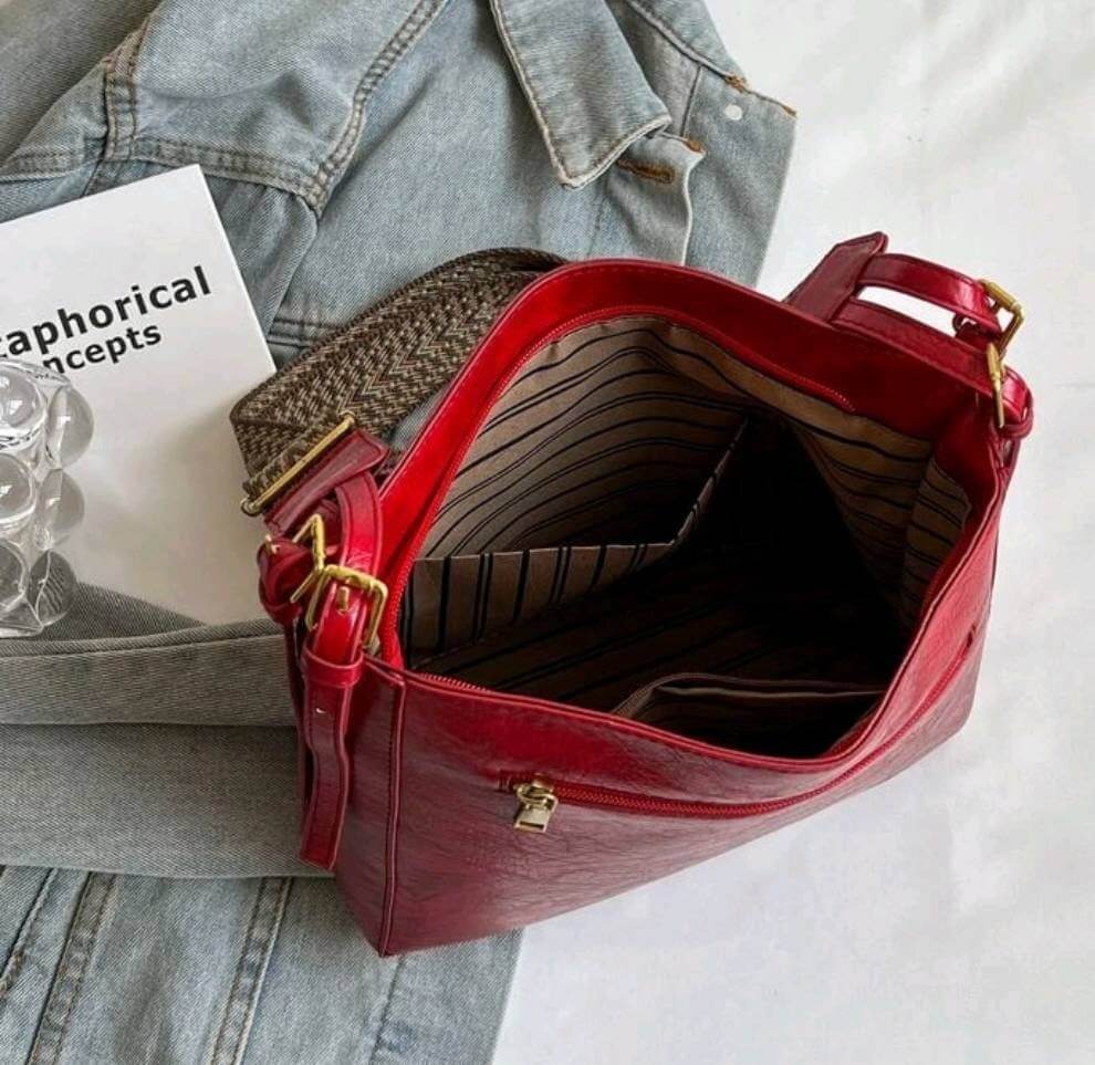 luxury red leather fabric strap tote shoulder bag
