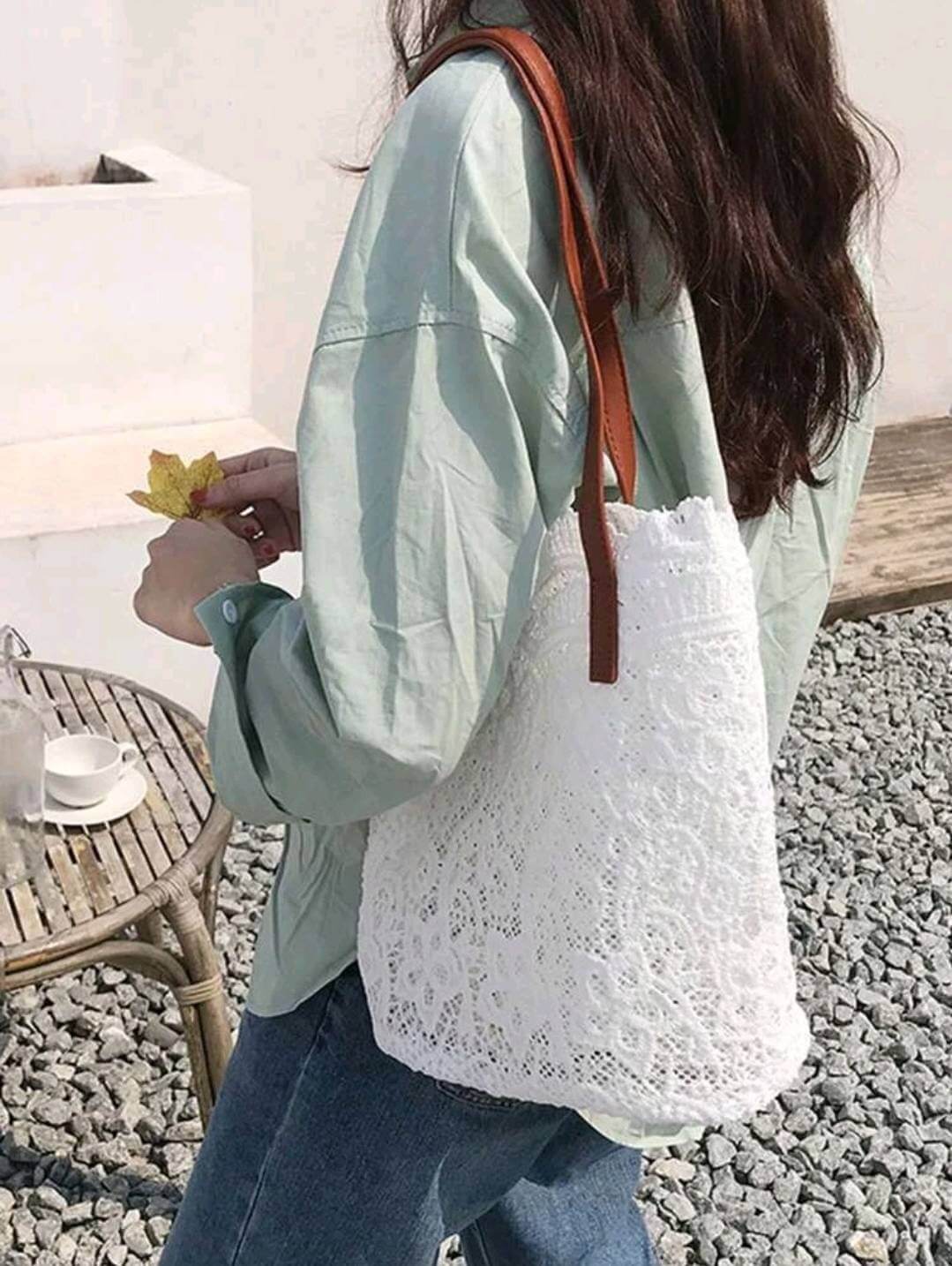 quirky vintage two tone white brown lace shoulder bag