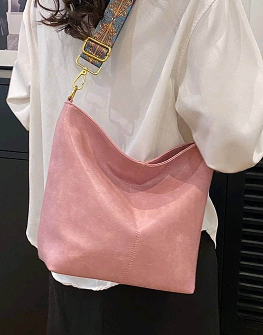 luxury light pink leather fabric strap shoulder tote