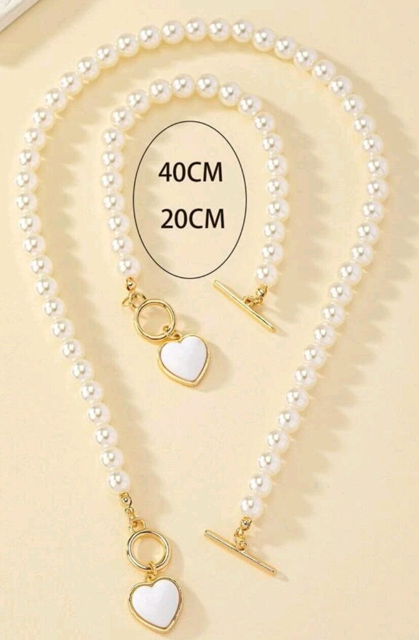Jewellery Set - faux pearl silver necklace and bracelet