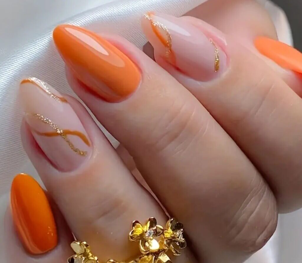 orange gold false nails