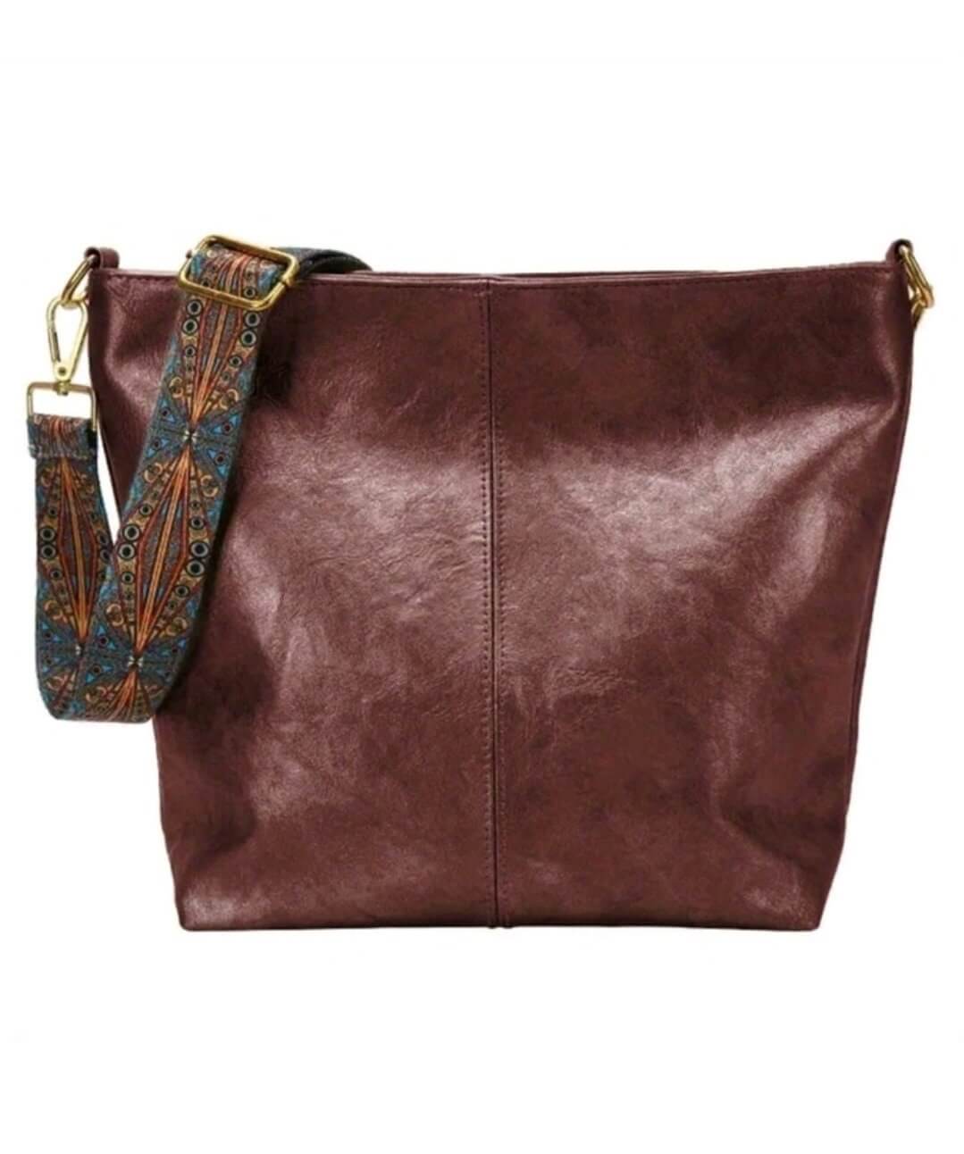 dark brown leather fabric strap shoulder tote