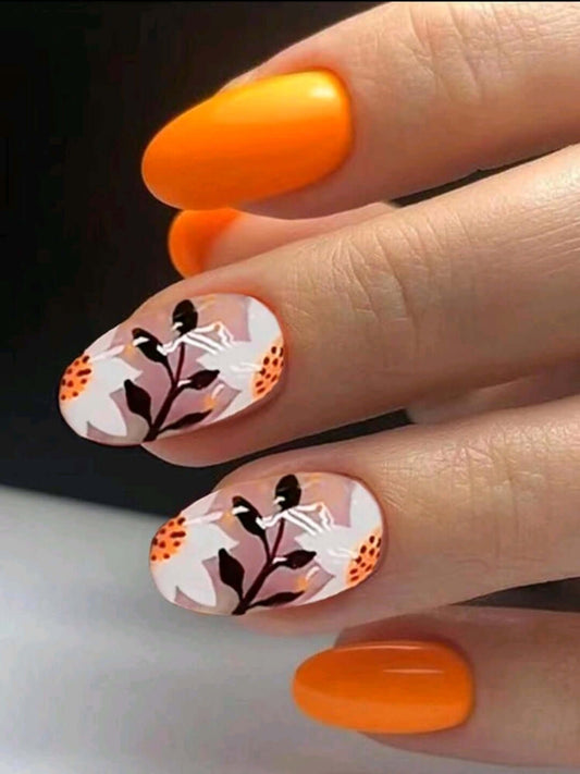 orange floral false nails