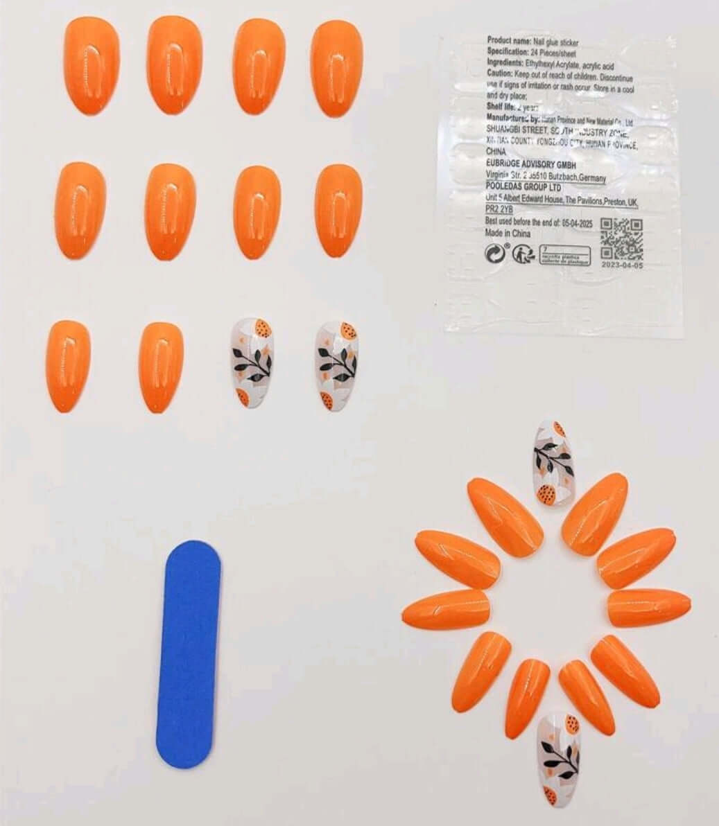 orange floral false nails