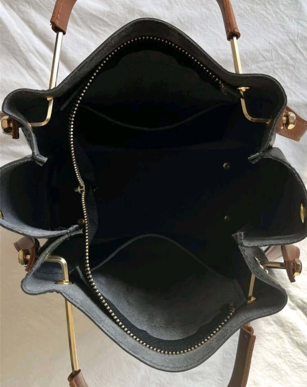 two tone black leather brown handle handbag shoulder bucket bag