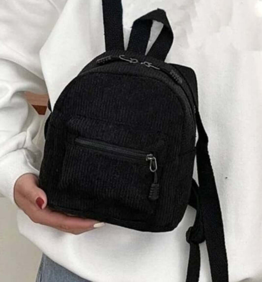 black mini corduroy double pocketed backpack