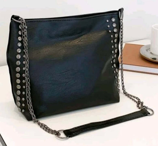 quirky black studded metal decor shoulder bag
