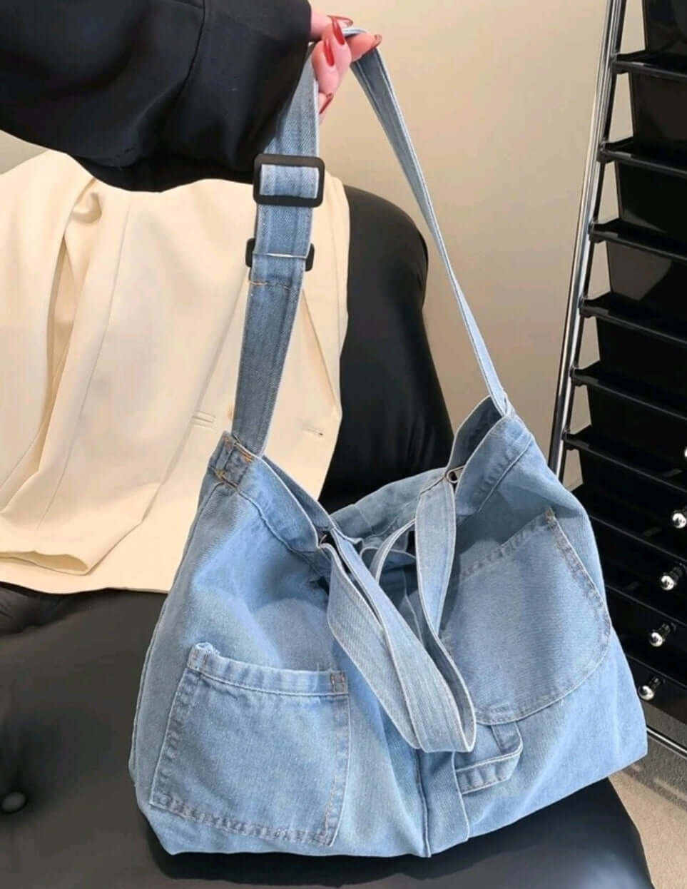 light wash denim shoulder tote