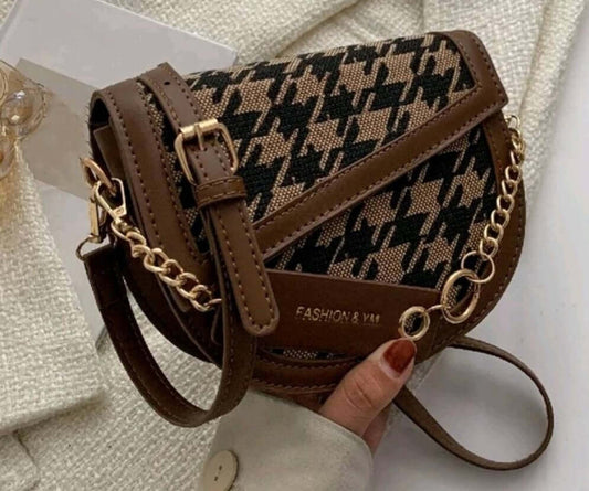 quirky two tone geo fabric saddle shoulder bag