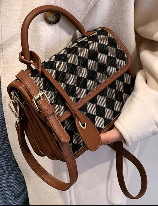 quirky two tone geo fabric saddle shoulder bag