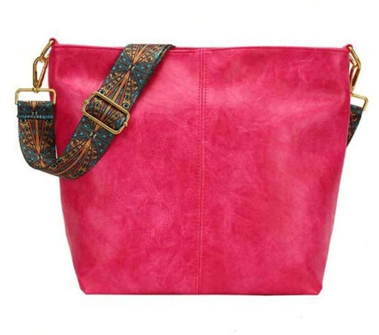 luxury bright pink leather fabric strap shoulder tote