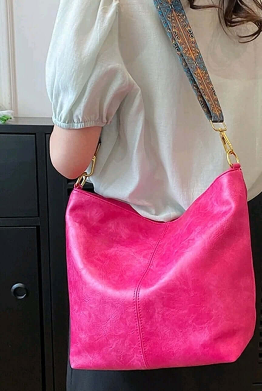 luxury bright pink leather fabric strap shoulder tote