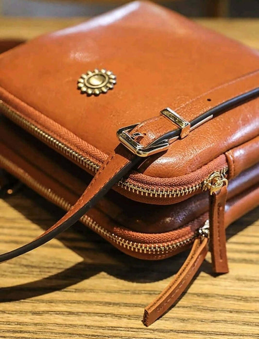 luxury tan leather quirky square shoulder bag