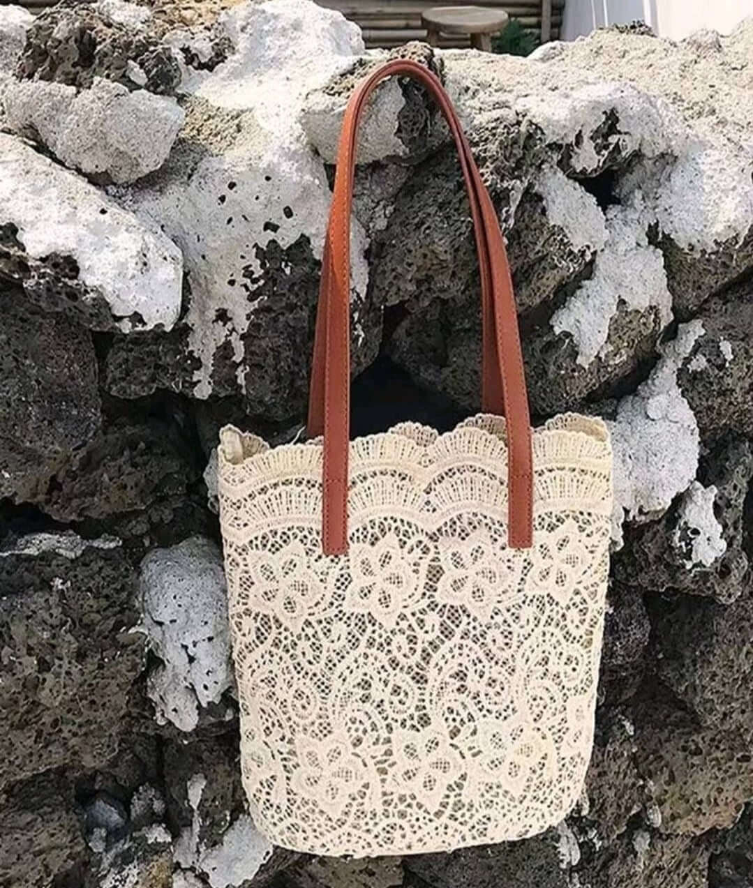 quirky vintage two tone beige brown lace shoulder bag
