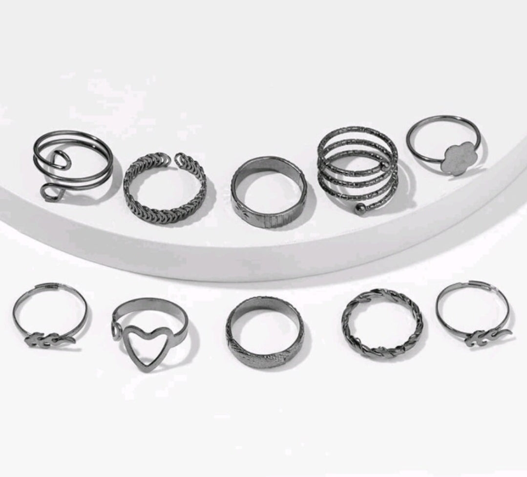 Rings Set - gun metal stackable (10)