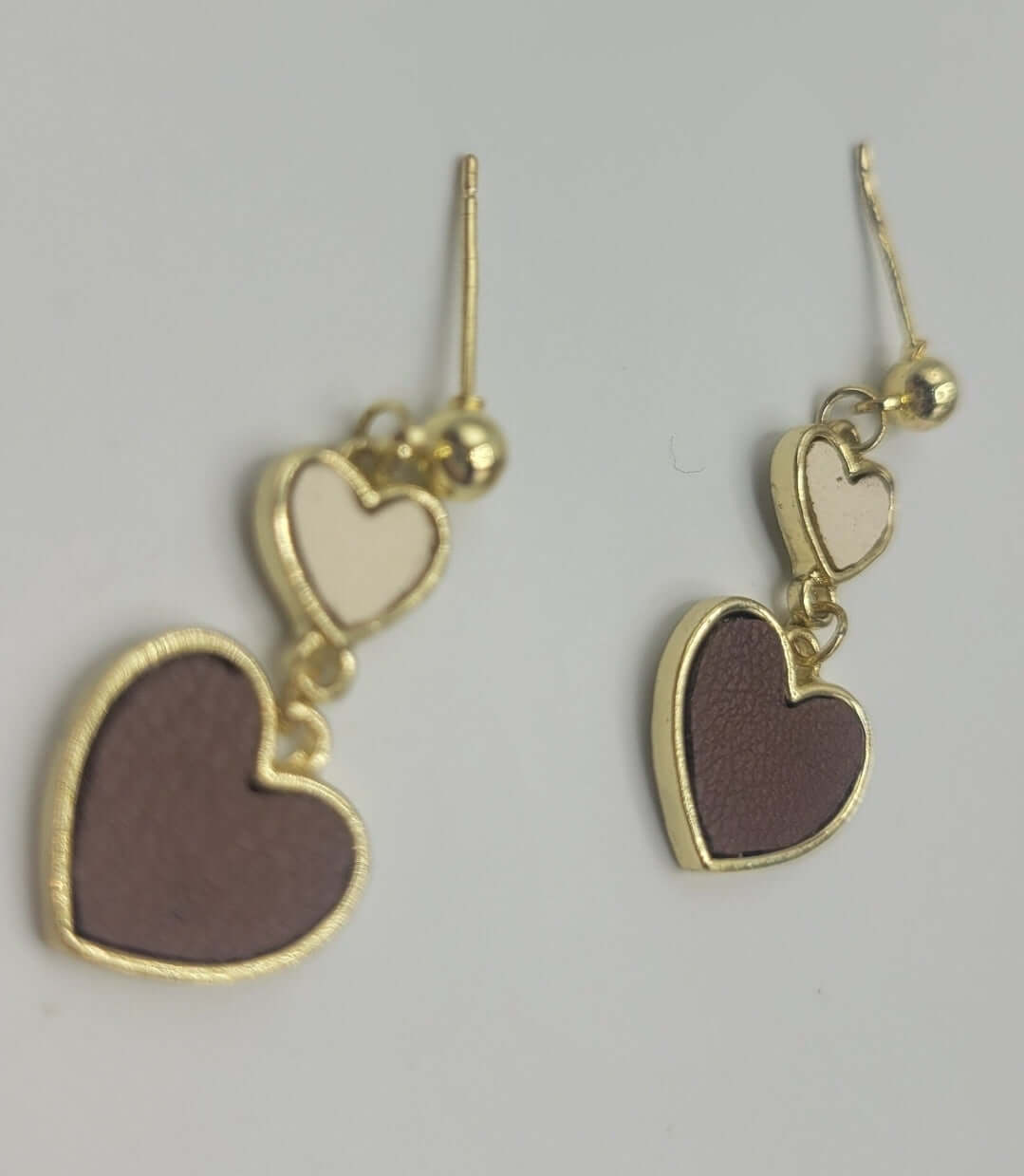 Earrings - two tone brown double.heart drop