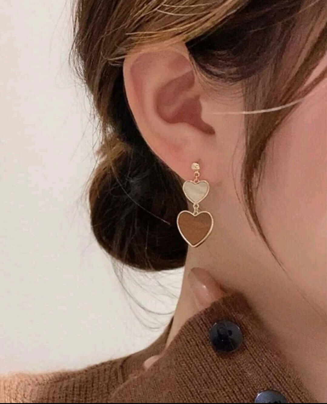 Earrings - two tone brown double.heart drop