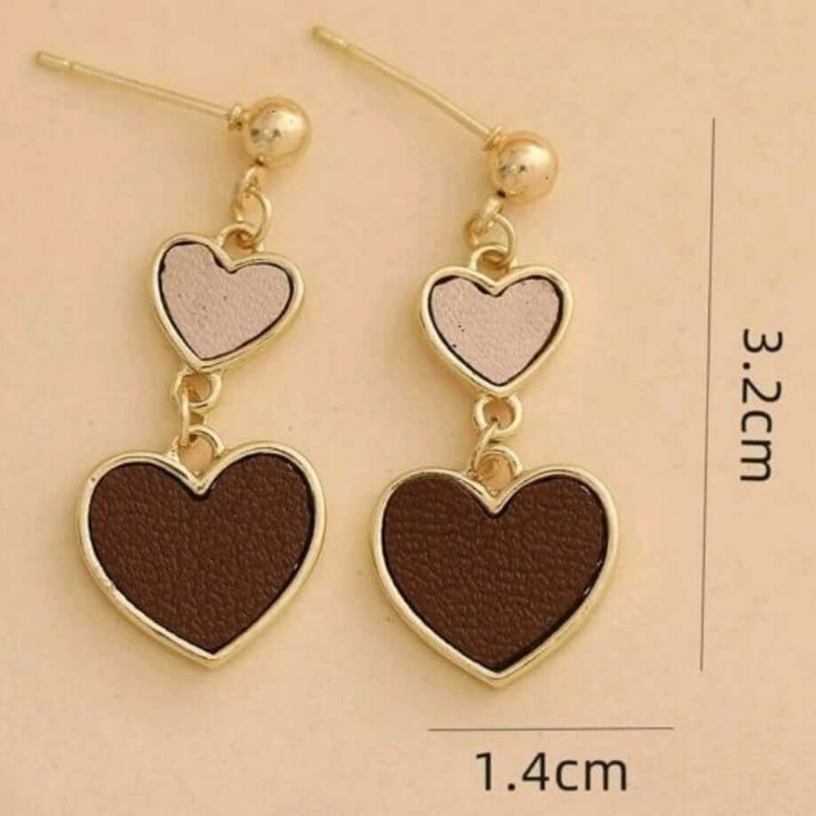 Earrings - two tone brown double.heart drop