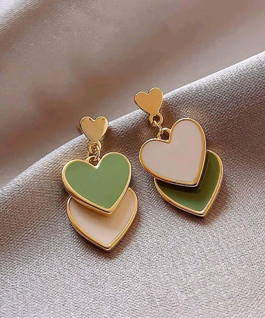 Earrings - two tone green double heart drop