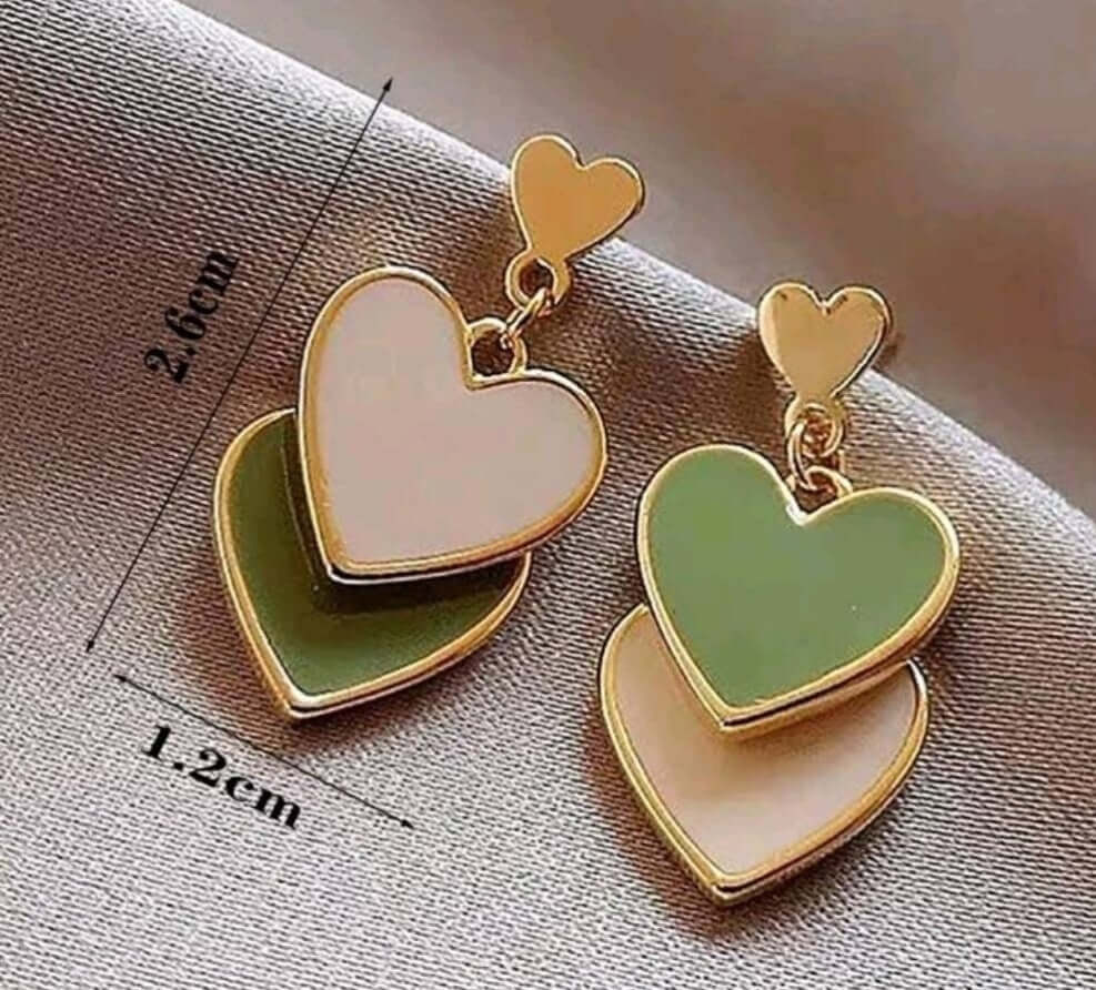 Earrings - two tone green double heart drop