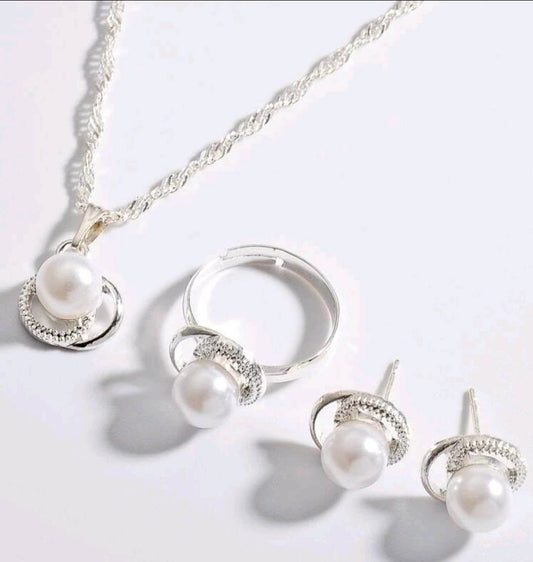 Jewellery Set - faux pearl silver necklace, earrings and adjustable ring