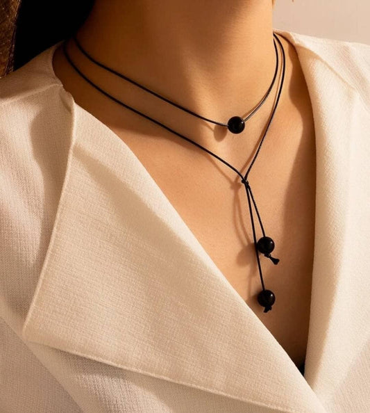 Necklace - layered black bead choker