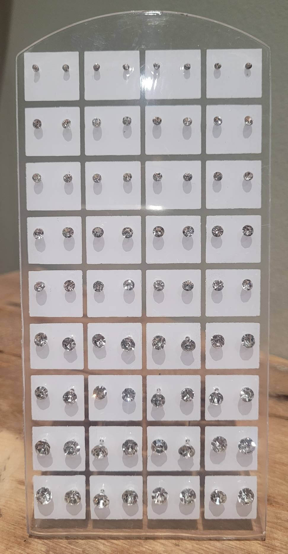  Earrings - 36 pairs of Rhinestone studs on acrylic stand