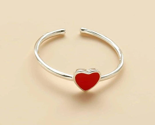 Ring - red heart silver ring (adjustable)