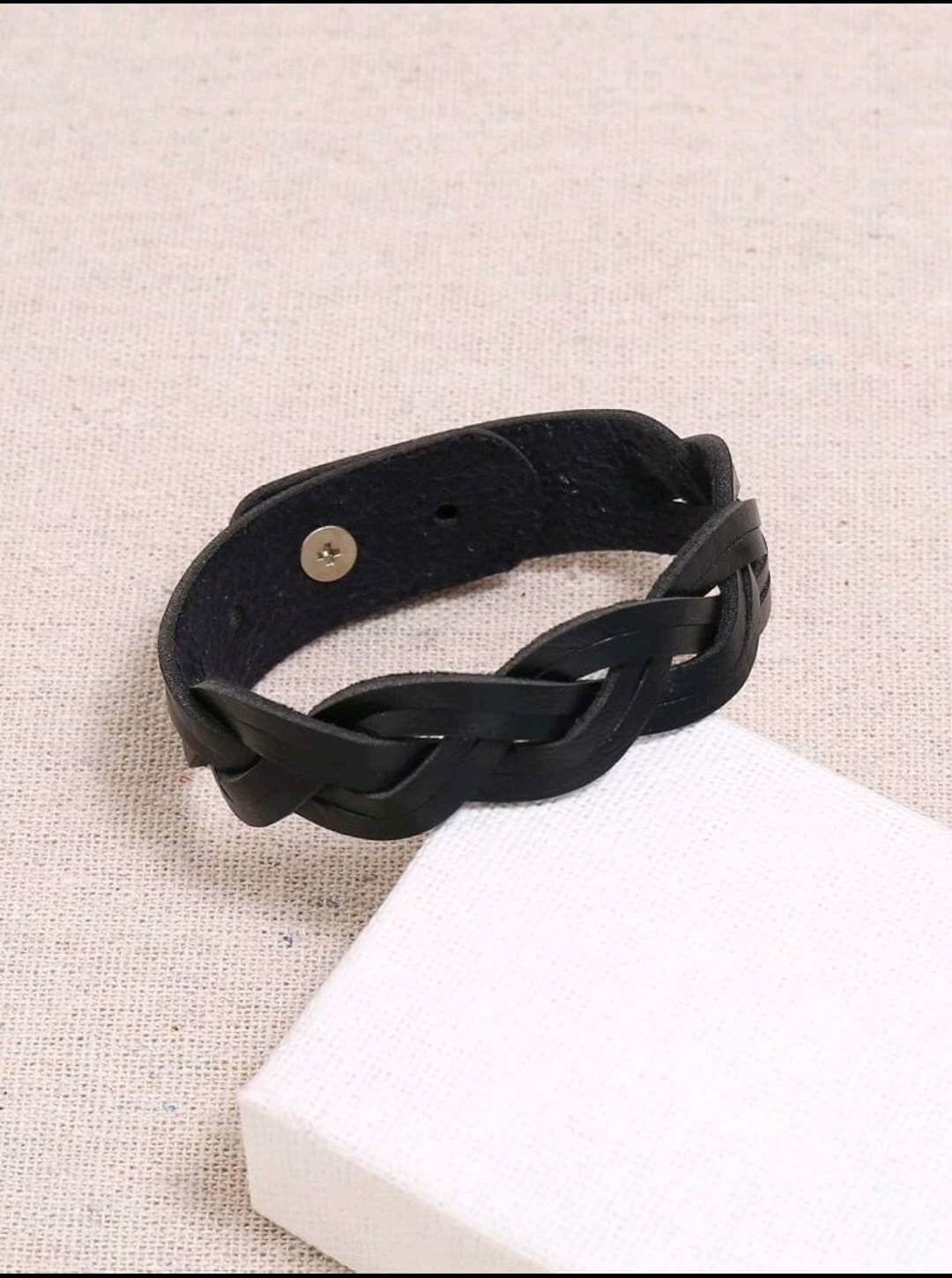 Unisex black leather braided cuff Bracelet