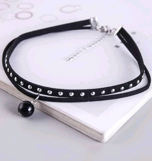 Necklace - layered studded black bead choker