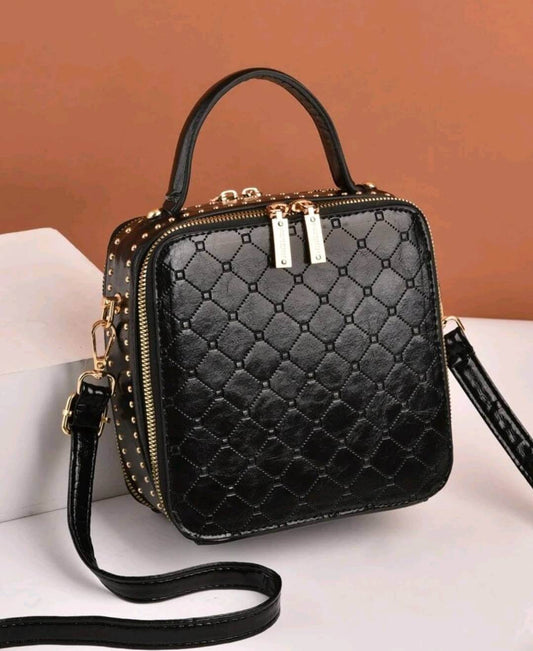 quirky luxury square quilted black leather shoulder handbag 