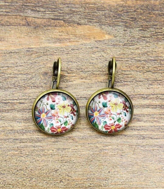 bronze round floral drop earrings