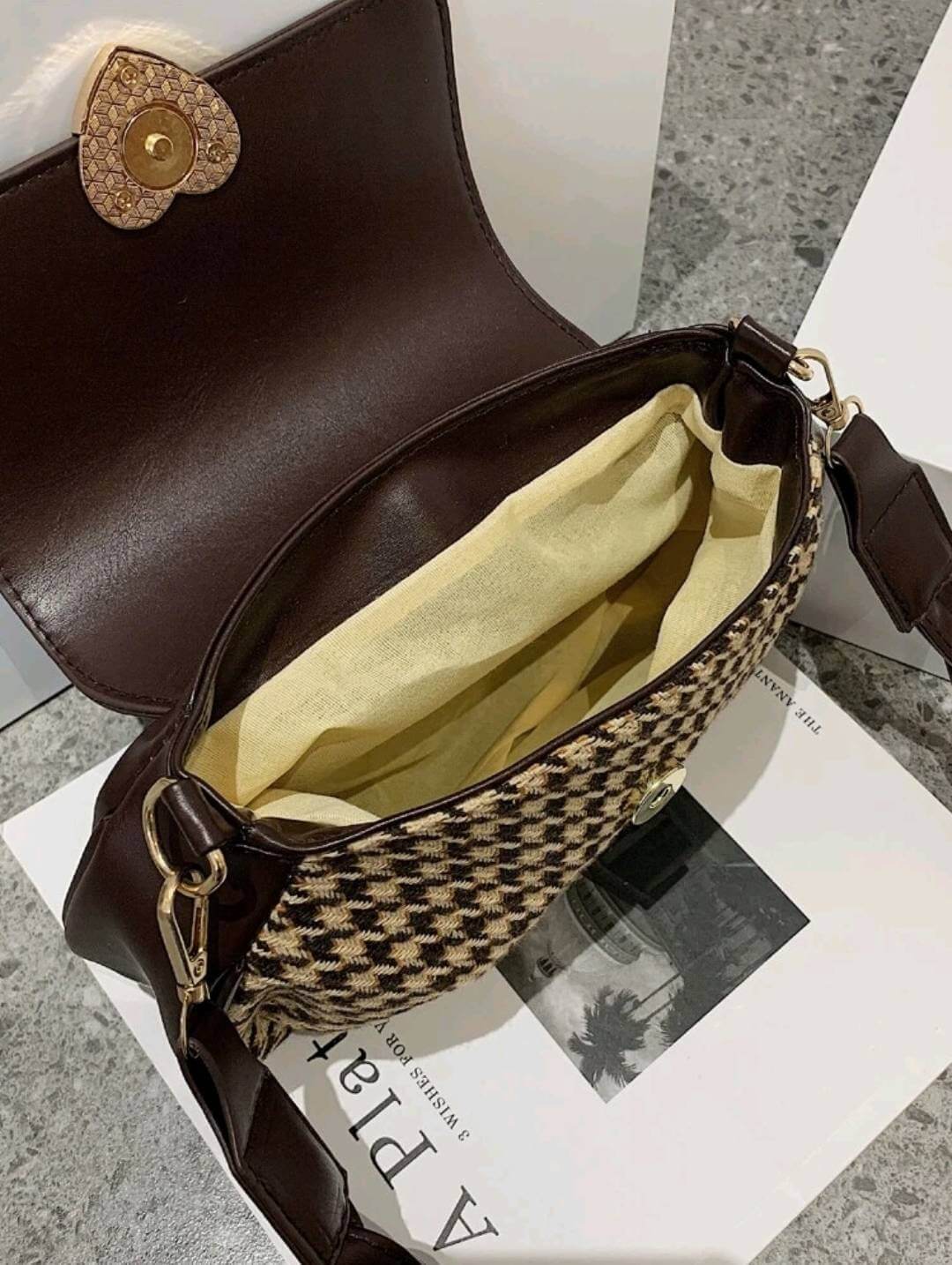 quirky houndstooth heart decor saddle shoulder bag