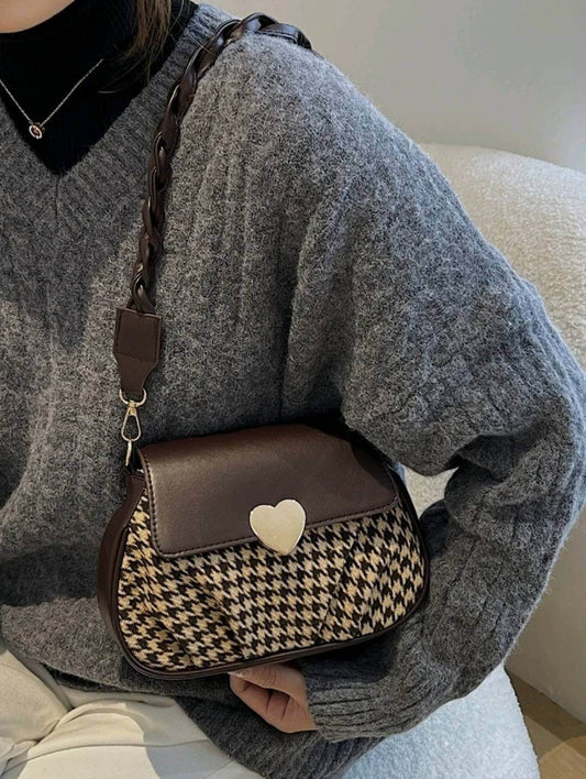 quirky houndstooth heart decor saddle shoulder bag
