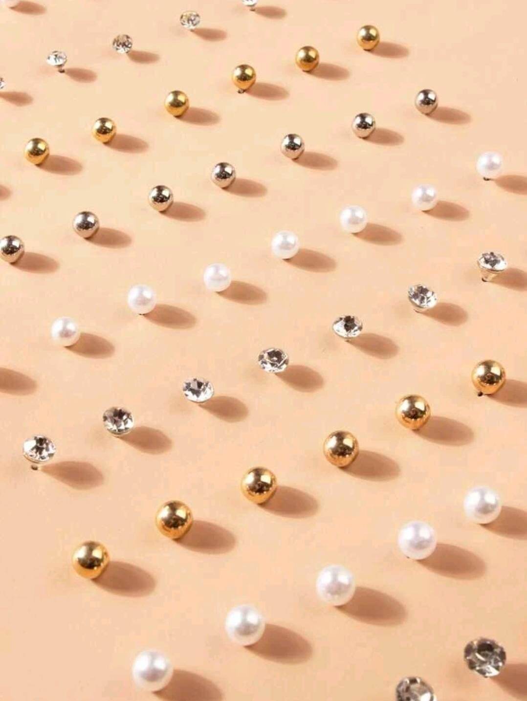 Earrings - 36 pairs of Rhinestone + Faux Pearl studs on acrylic stand