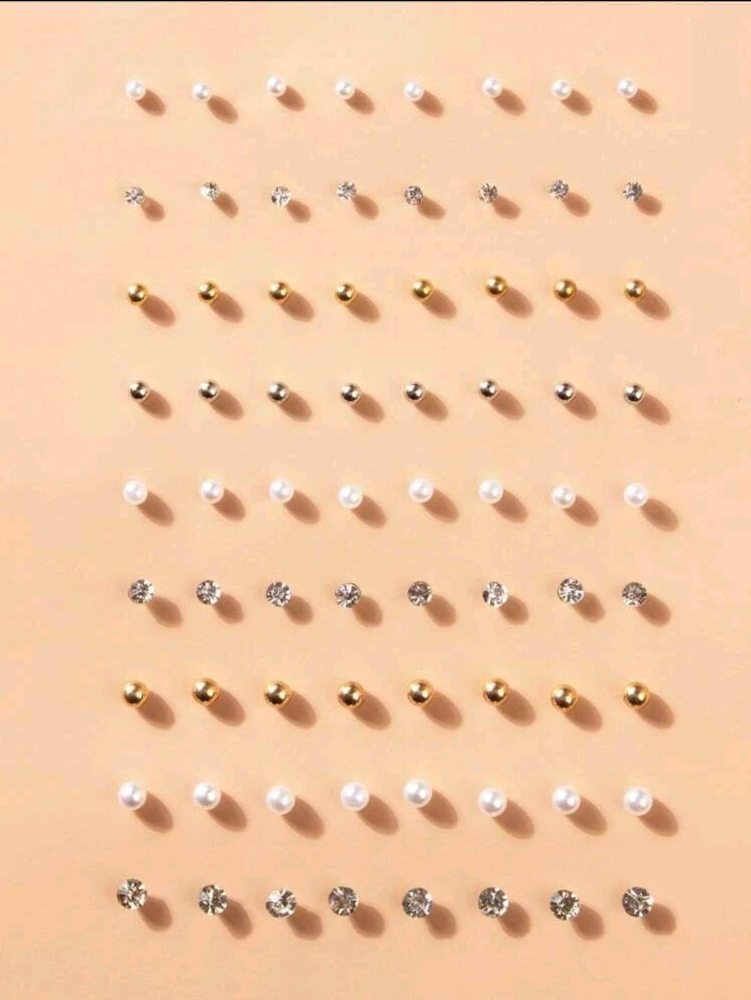 Earrings - 36 pairs of Rhinestone + Faux Pearl studs on acrylic stand