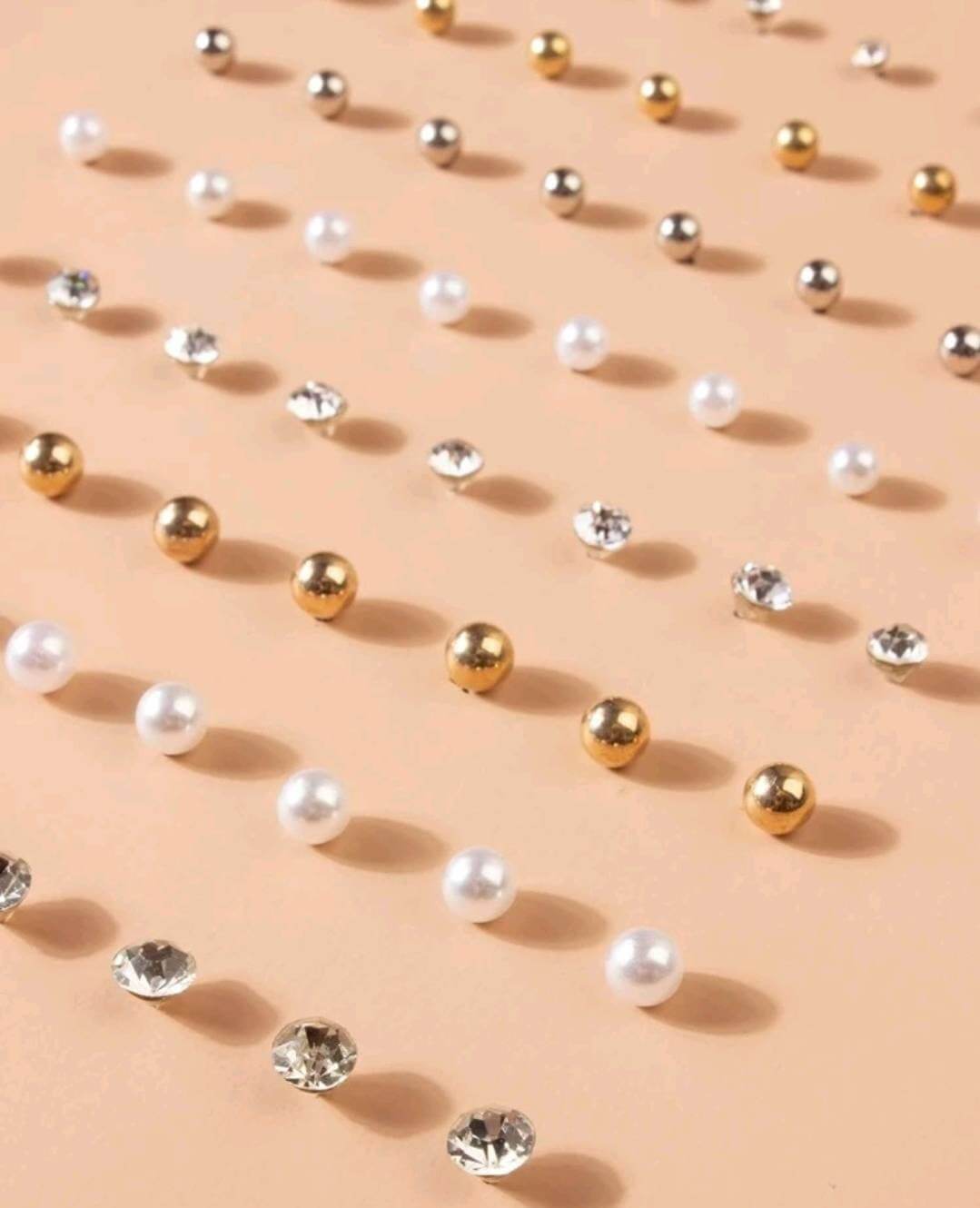 Earrings - 36 pairs of Rhinestone + Faux Pearl studs on acrylic stand