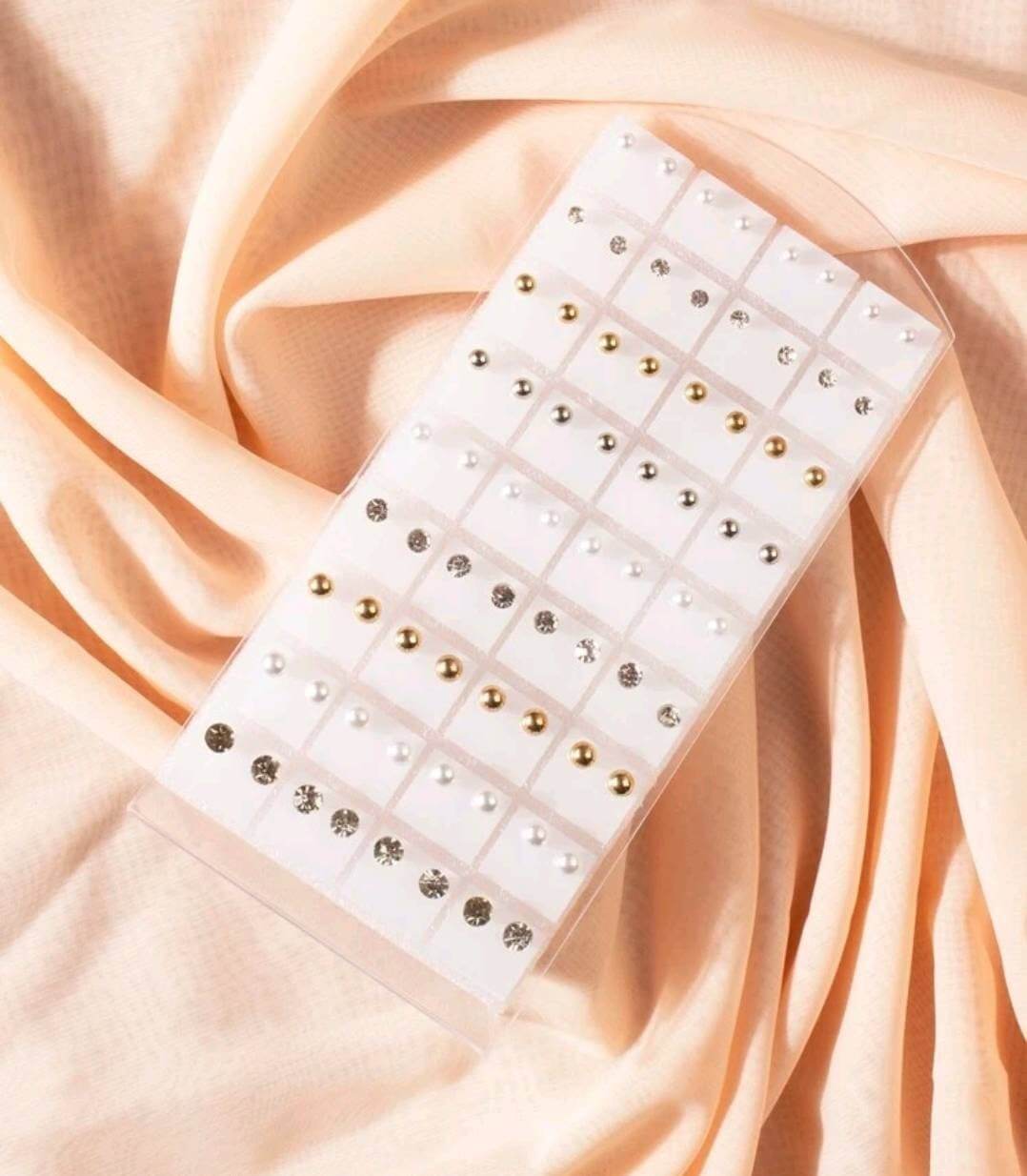 Earrings - 36 pairs of Rhinestone + Faux Pearl studs on acrylic stand