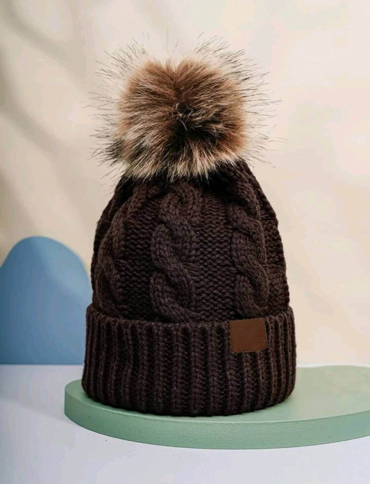unisex chocolate brown pompom beanie