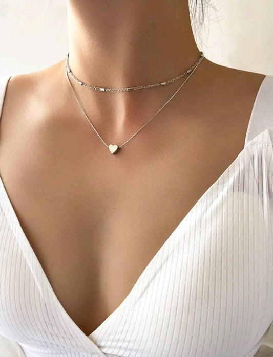 Necklace - 2 layer silver heart minimalist necklace