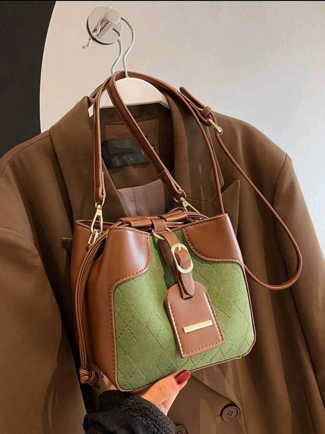 two tone green fabric brown leather tie pull bucket bag 