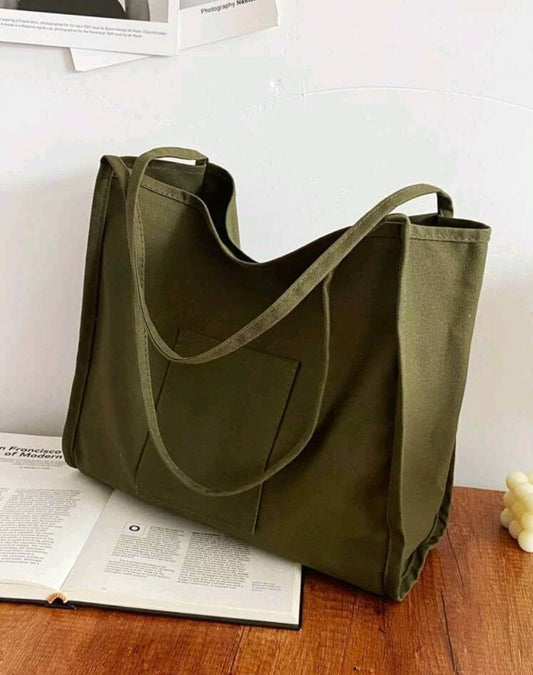 Khaki fabric shoulder tote