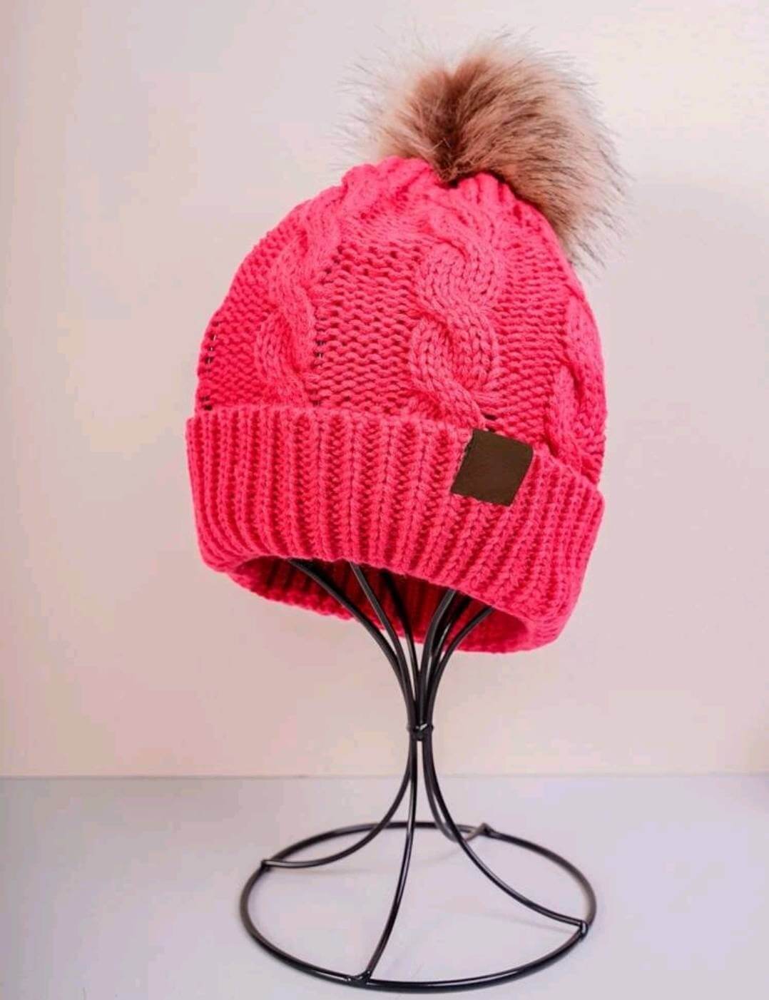 ladies bright pink pompom beanie