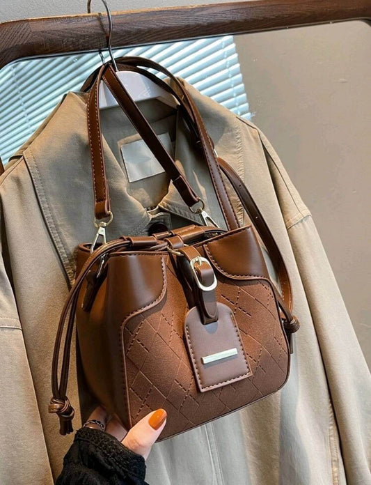 luxury two tone brown leather fabric bucket shoulder bag