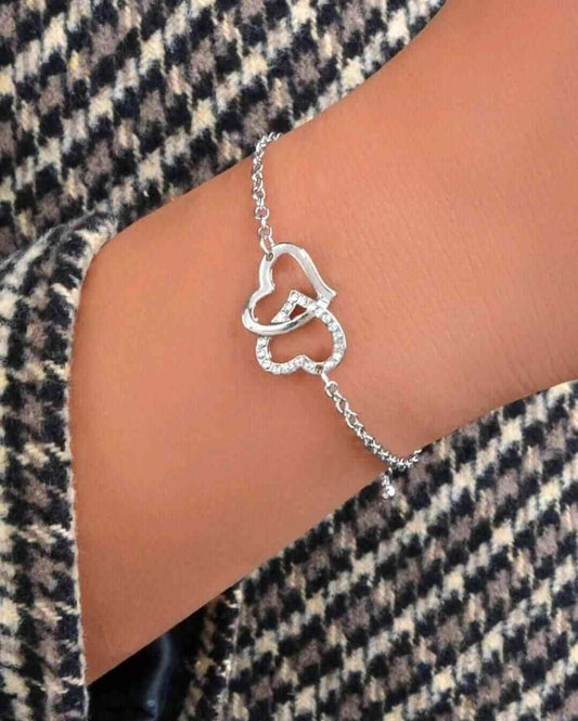 ladies silver double heart bracelet