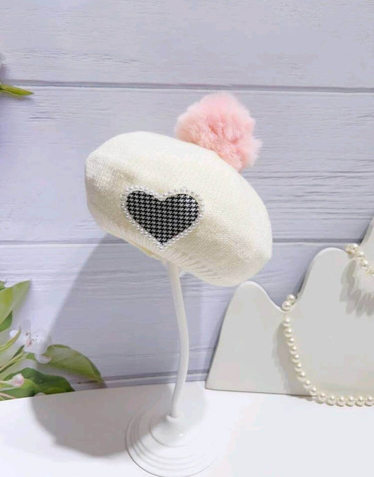 Girl's Beret - white pink