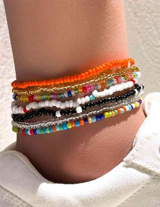 summer anklet, layered anklet, summer jewellery, cute anklets, quirky anklets, silver anklet, anklet set, bright anklets, elastic anklets