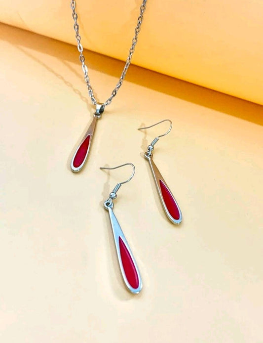 Necklace Set - Silver and red - Pendant and Earrings