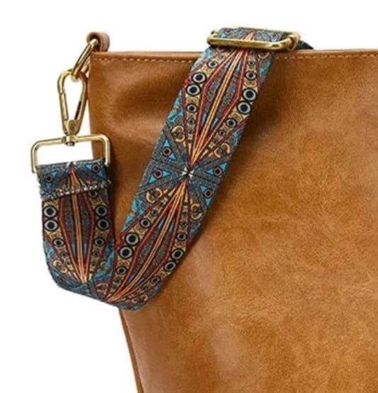 luxury tan leather fabric strap shoulder tote